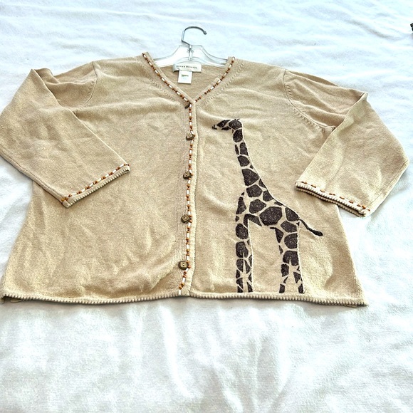 ⭐️ Susan Bristol hand embroidered Giraffe tan cardigan sweater button up XL - Picture 1 of 16